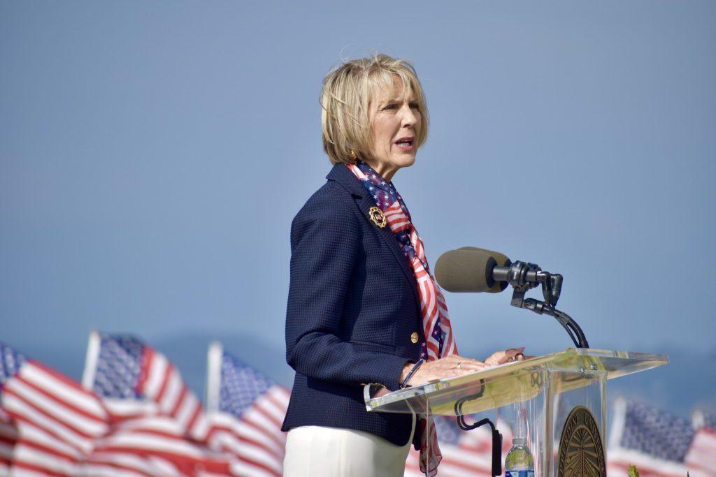 Chancellor Sara Young Jackson speaks during Pepperdine's annual Waves of Flags on Sept. 11 at Alumni Park. Jackson introduced the Distinguished Honoree Pat Boone.