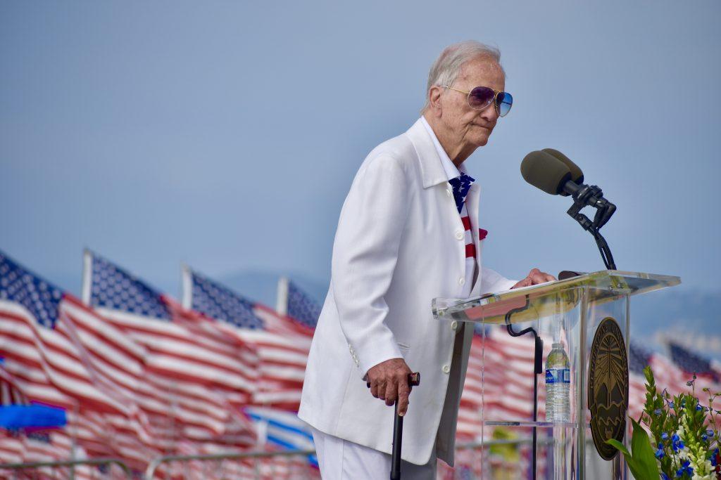 Pat Boone speaks during that Waves of Flags after sharing his song, "Where Did America Go?" Boone sponsored the instillation of flags 16 years ago after two Pepperdine students proposed the idea.