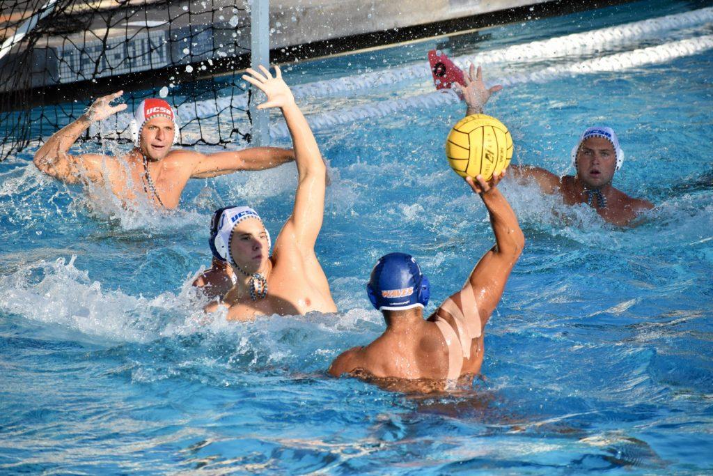 Fifth year attacker Christian Hosea goes up against the UC Santa Barbara Gauchos on Sept. 19, at Raleigh Runnels Memorial Pool. Hosea proved himself as an offensive threat with four goals on the game.