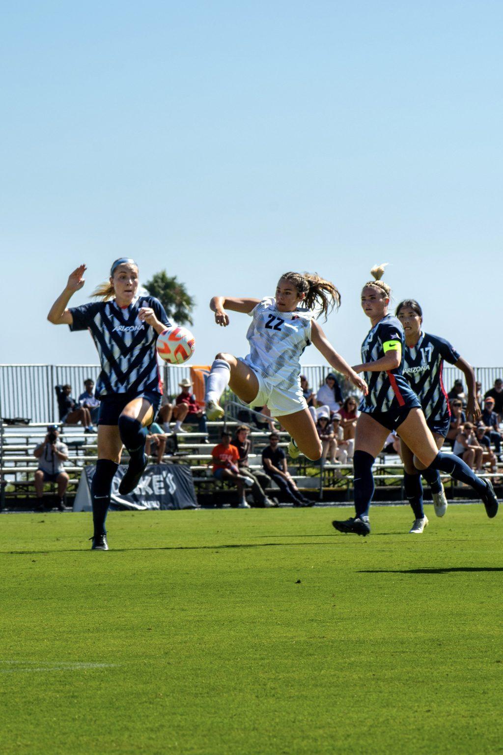 Sophomore forward Julia Quinonez competes for the ball against Arizona on Aug. 29, at Tari Frahm Rokus Field. Quinonez provided her second assist of the season.