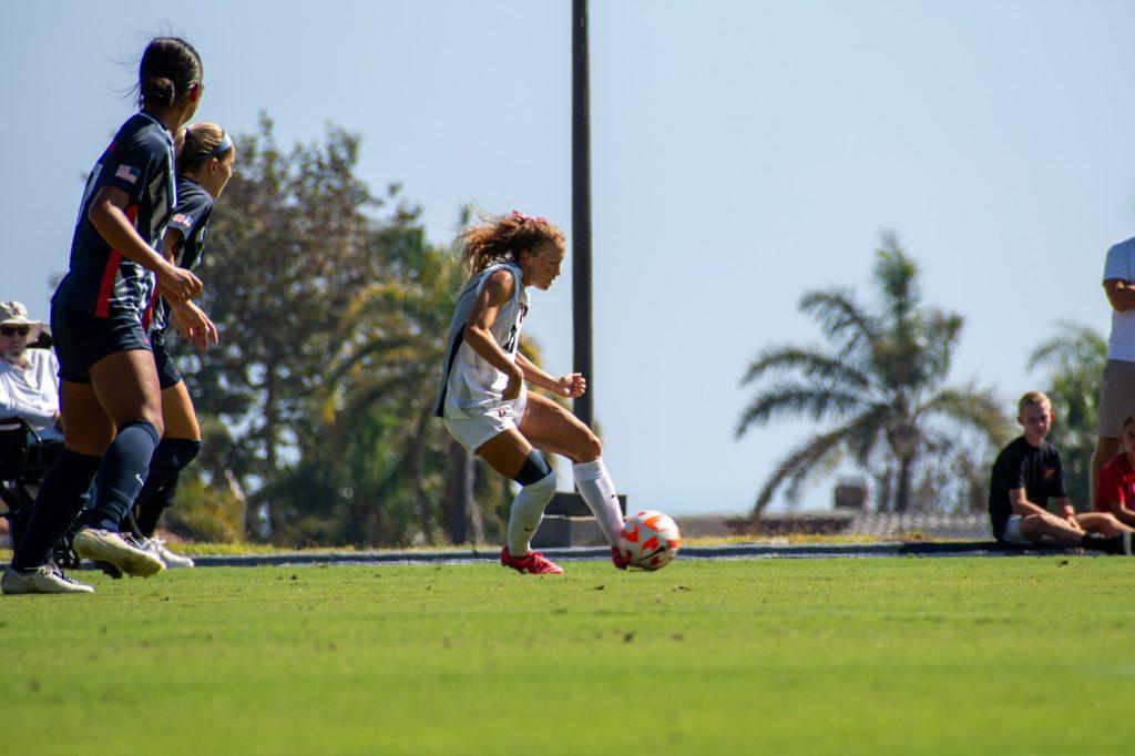 Tori Waldeck, graduate student midfielder/forward, dribbles forward against Arizona on Aug. 29, at Tari Frahm Rokus Field. Waldeck was a constant threat in her 85 minutes on the pitch.