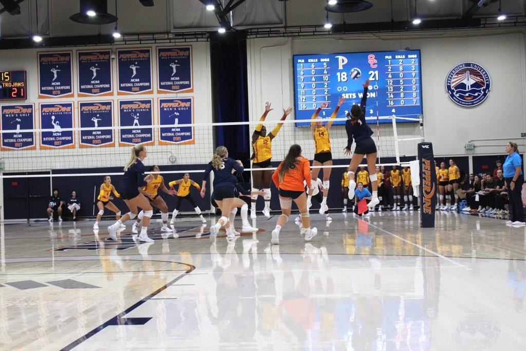 Senior outside hitter Grace Chillingworth goes for the kill against USC on Sept. 1, at Firestone Fieldhouse. Chillingworth has 20 kills on the young season, bringing her career totals to 976.