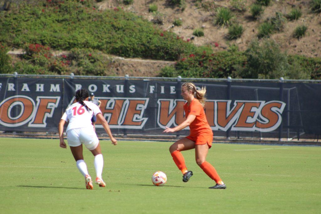 Sophomore defender Peyton Leonard fakes out Cornell senior midfield/forward Reinna Gabriel on Sept. 22, at Tari Frahm Rokus Field. Leonard has been one of the stand out players for Women's Soccer, picking up WCC Offensive Player of the Week on Sept. 2.