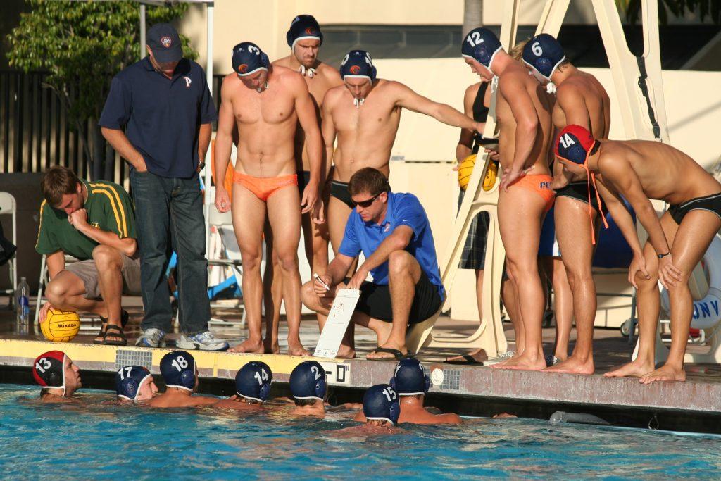 Jack Kocur, former Men’s Water Polo Head Coach (‘05-’11), drawing up a play on the board during his tenure as Pepperdine Head Coach. Kocur was a member of the first-ever NCAA Championship-winning team for water polo ('97). Photo courtesy of Pepperdine Athletics