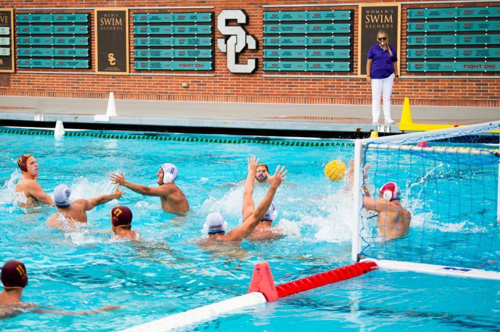 Freshman goalie Max Smirnov attempts to save a shot against USC on Sept. 15, at Uytengsu Aquatics Center. Smirnov has saved 38 shots to start his young Waves career. Photos courtesy of Marcus Heatherly/Daily Trojan