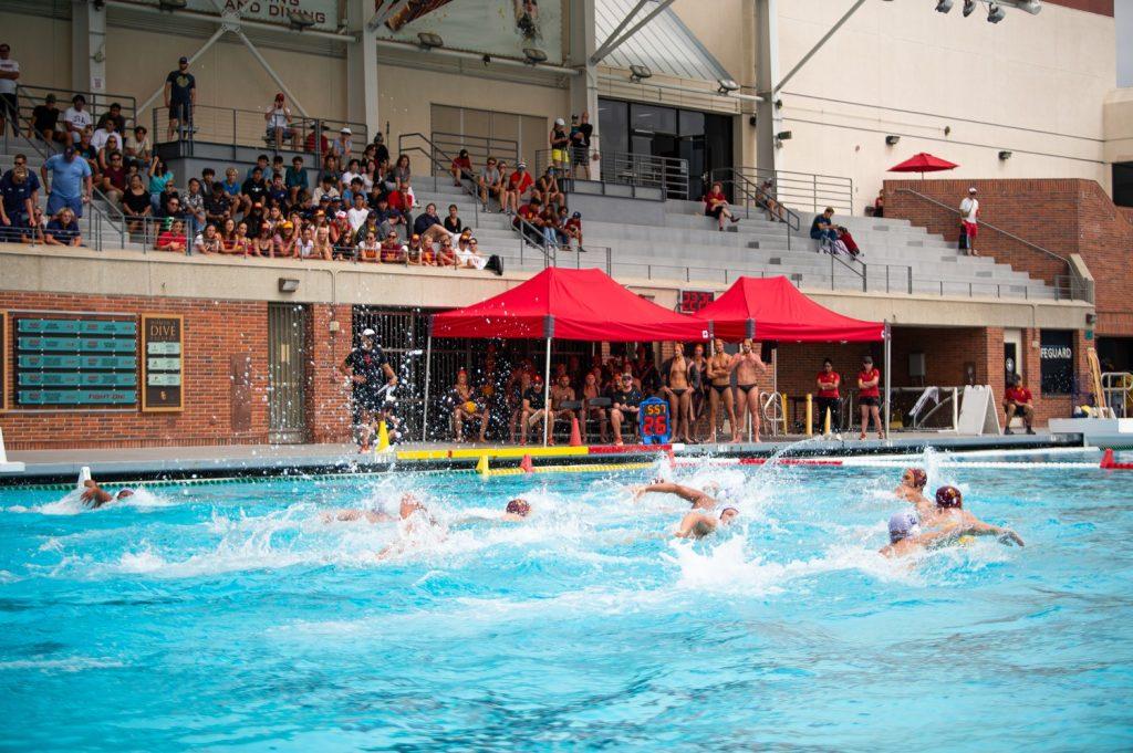 Men's Water Polo pushes the ball down toward USC's net Sept 15, at Uytengsu Aquatics Center. Though the Waves only secured seven goals, their presence in the water was known with 31 shots.