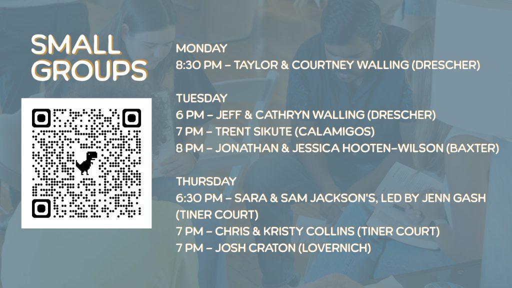 This list shows the different times and locations for all of the small groups offered by Waves Church this fall. It also has a QR code, which leads you to the Google Form to join your desired group. Graphic by Taylor Walling