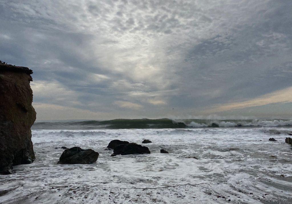 Waves crashing at Zuma Beach in Malibu in Jan. 2023. Pepperdine staff member Falon Barton, University Church of Christ Malibu campus minister, and Professor of Religion and Sustainability Chris Doran talked about caring for creation. Photo by Rachel Flynn