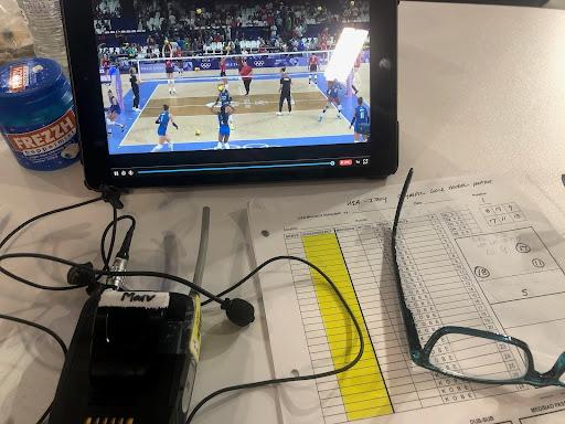 A look into Dunphy's setup pregame during the gold medal match at the 2024 Paris Olympics. Dunphy has served in this consultant coaching role for the past three Olympics. Photo courtesy of Marv Dunphy