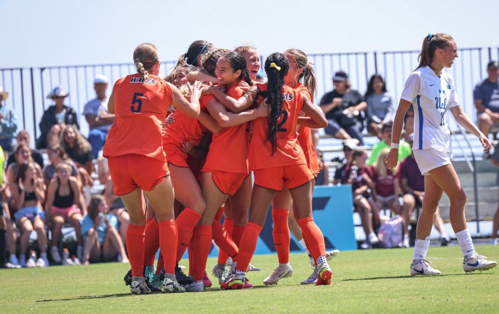 The Pepperdine Waves celebrate their 1-0 win over No. 3 UCLA Bruins at Tari Frahm Rokus Field. After a few disappointing outcomes in previous games, the Waves are starting their climb in the rankings. Photos courtesy of Pepperdine Athletics