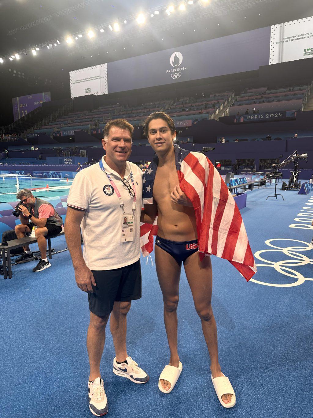 Kocur with Team USA goalkeeper Adrian Weinberg following their bronze medal win over Hungary on Aug. 11 at the 2024 Paris Olympics. Kocur praised Weinberg's confidence after a rough start to the Games, quickly becoming one of the best goalies in Paris. Photo courtesy of Jack Kocur