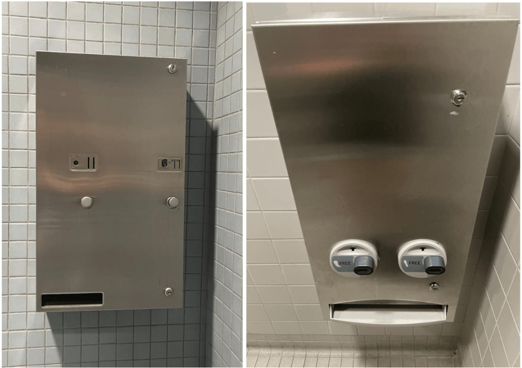 Non-functioning menstrual product dispenser (left) in the bathroom of the Center for Communication and Business April 4, compared to the functioning menstrual product dispenser (right) in the bathroom of the Tyler Campus Center on August 29. The dispensers had been broken and unstocked for years before Pepperdine’s period product initiative, according to student sources. Left Photo by Kylie Kowalski. Right photo by Mackenzie Krause