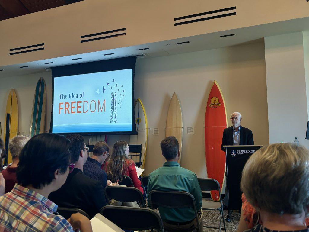 Ron Highfield begins his lecture, which focused on freedom and its relationship to Christianity. The Sept. 4 event in Payson Library's Surfboard Room was to open the conversation of this year's campus theme. Photo courtesy of Emma Martinez