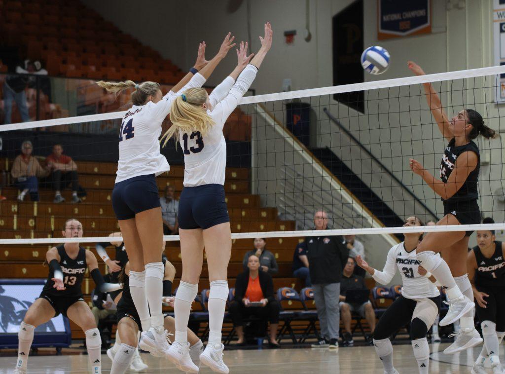 Junior middle blocker Kennadie Patterson and graduate student opposite hitter Riley Simpson attempt a block on a Pacific kill at Firestone Fieldhouse on Sept. 28. Patterson and Simpson combined for six block assists in the match, both leading the team with three each.