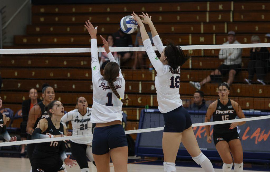 Freshman middle blocker Ella Piskorz and senior outside hitter Grace Chillingworth block an attack from Pacific at Firestone Fieldhouse on Sept. 28. The Waves had 14 total blocks in the match compared to Pacific's seven blocks.