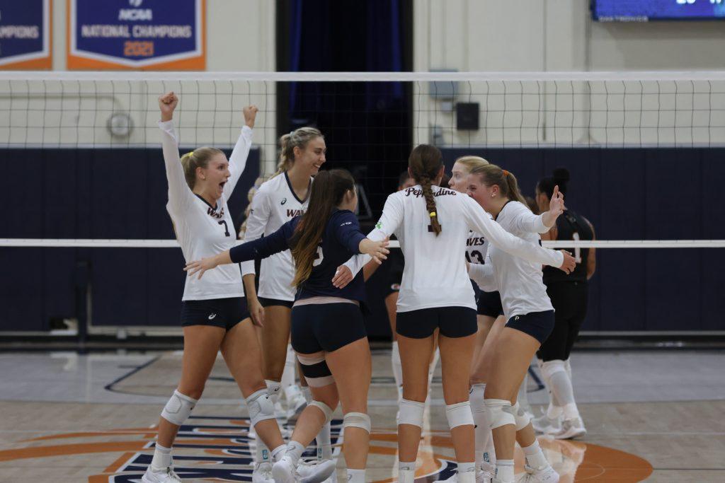 The Waves celebrating after winning in four sets against Pacific at Firestone Fieldhouse on Sept. 28. The Waves are now 19-6 all time against Pacific, winning five of the last six encounters.