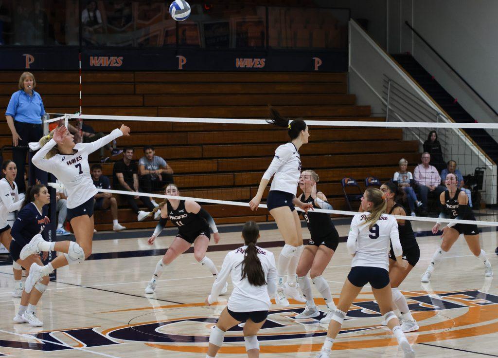 Graduate student outside hitter Birdie Hendrickson goes for the kill against Pacific at Firestone Fieldhouse on Sept. 28. Hendrickson's offense was a key part of the success of the Waves' attack throughout the match. Photos by Olivia Schneider