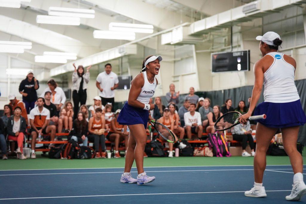 Broadus cheers after a point at the 2023 NCAA Tournament at the USTA National Campus in Orlando, FL. Her and her partner, Tjen ('24), made the semifinals and were ranked No. 1 in the country for doubles.