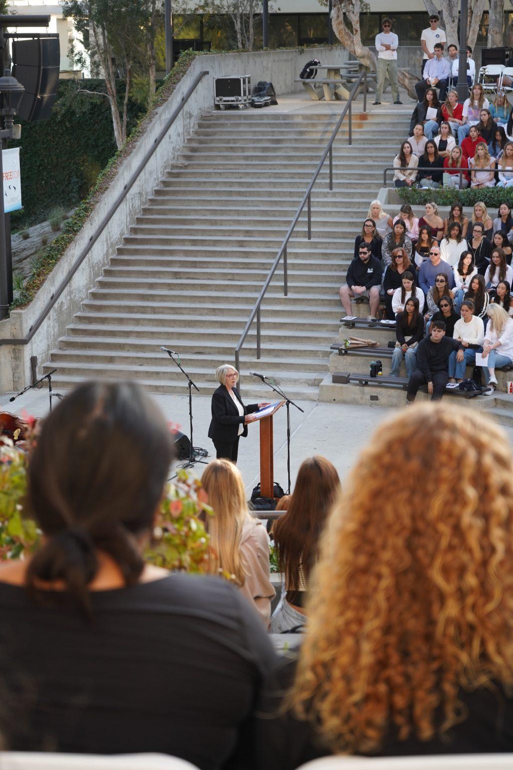 Connie Horton, vice president for Student Affairs, recalls the day she received the phone call of the crash on PCH that took the four women's lives in the Amphitheatre on Oct. 17. The ceremony marked the one-year anniversary of the deadly crash.