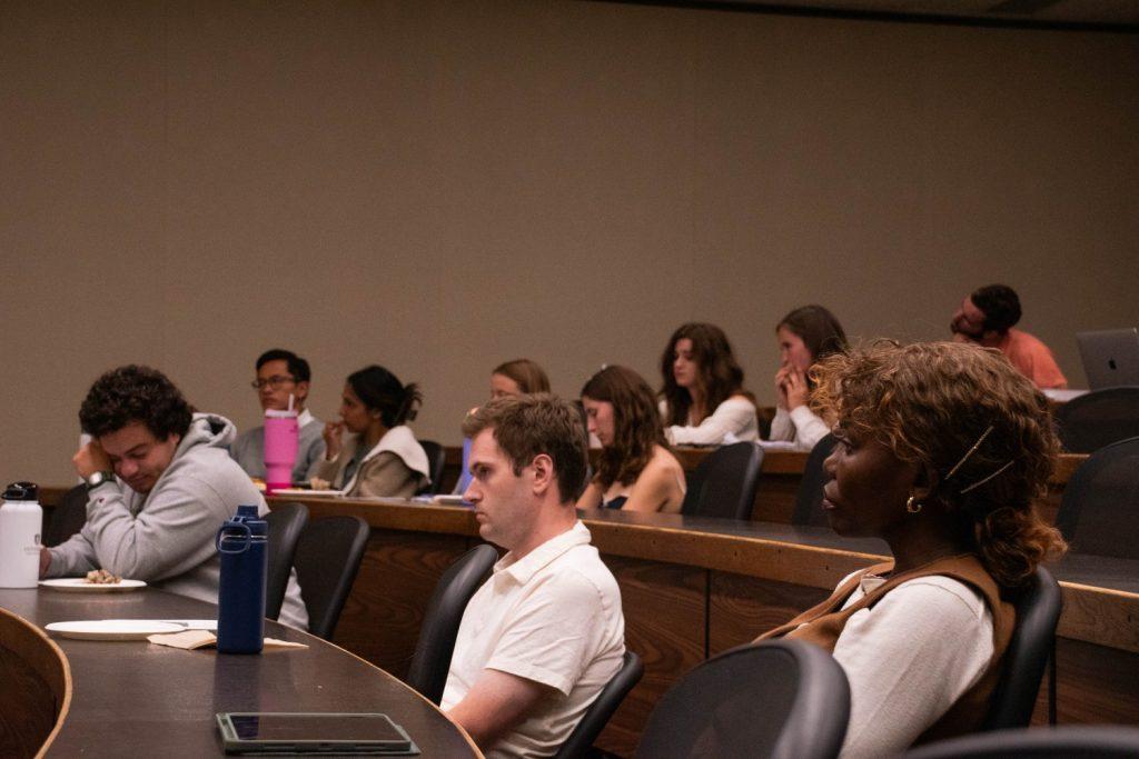 Students listen intently to guest speaker Nanuka Kruashvili, director of Democratic Institutions Support Program at Georgian Young Lawyers' Association (GYLA), at the Geopolitics and the Republic of Georgia lecture Sept. 12. International Law Society hosted the lecture at Pepperdine Caruso School of Law. Photos by Perse Klopp