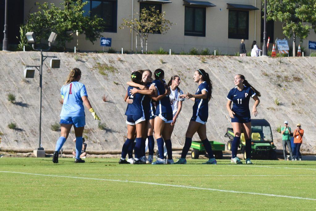 Pepperdine celebrates a goal against Santa Clara University on Oct. 9 at Tari Frahm Rokus Field. The Waves 41st minute goal tied the game 1-1. Photos by Mary Elisabeth