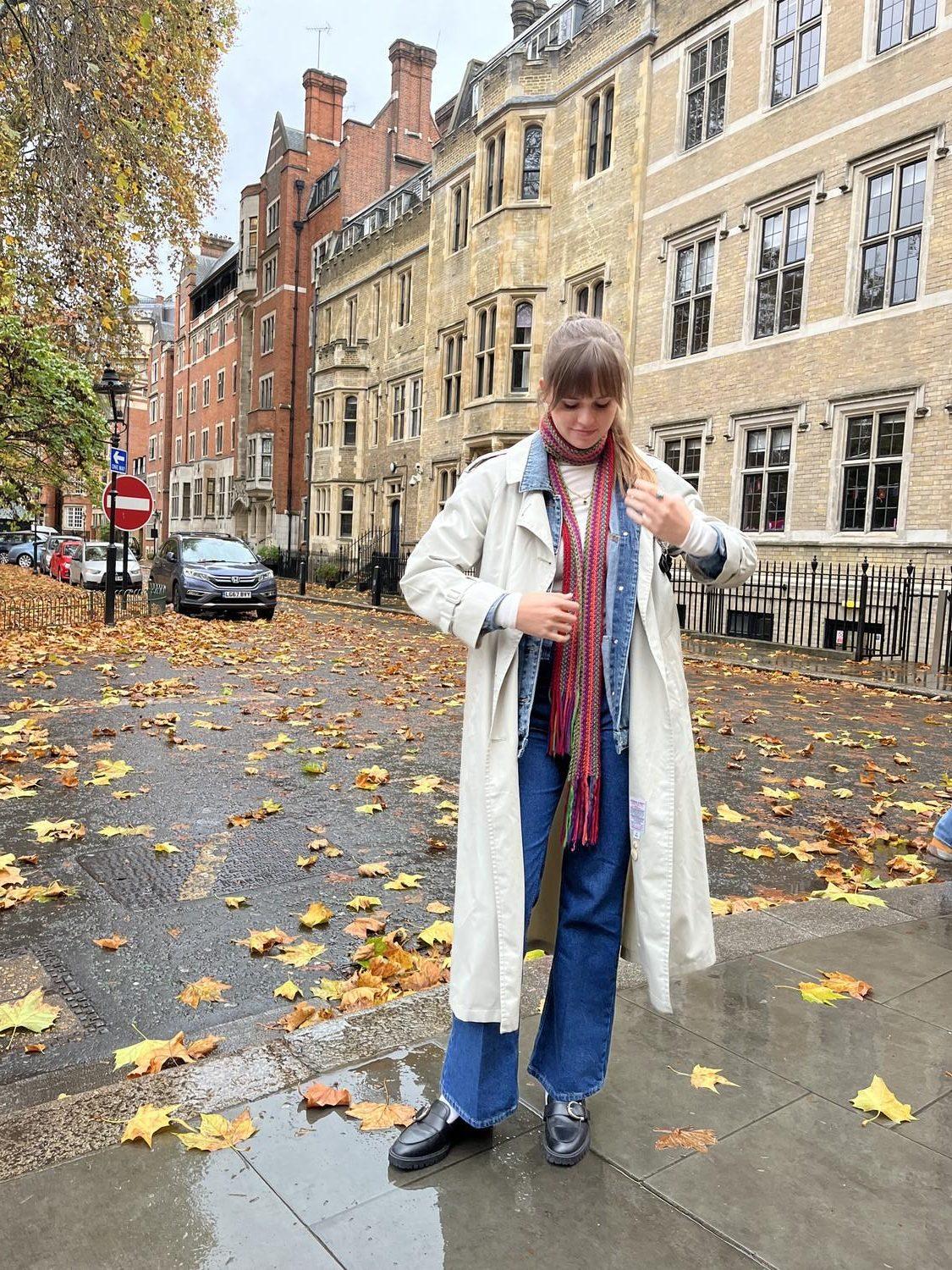 Norris styles many different layers and pops of colors into her outfit while strolling through London on Nov. 21. She said London is a great inspiration for fall outfits because of the colder weather. Photo courtesy of Kate Elise Norris