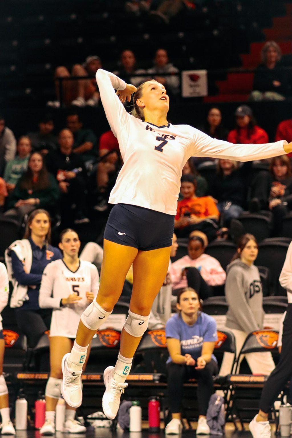 Graduate outside hitter/opposite Birdie Hendrickson goes up for a spike against Oregon State on Sept. 26 at Gill Coliseum. Hendrickson was named to the All WCC team last season.