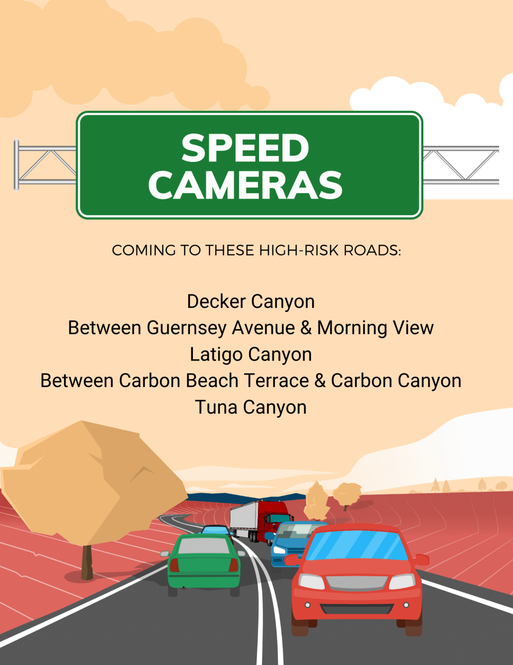 The City of Malibu sent a press release following Gov. Gavin Newsom signing SB 1297, which will implement five speeding cameras on Pacific Coast Highway. The law will go into effect January 2025, according to the press release. Infographic by Rachel Flynn