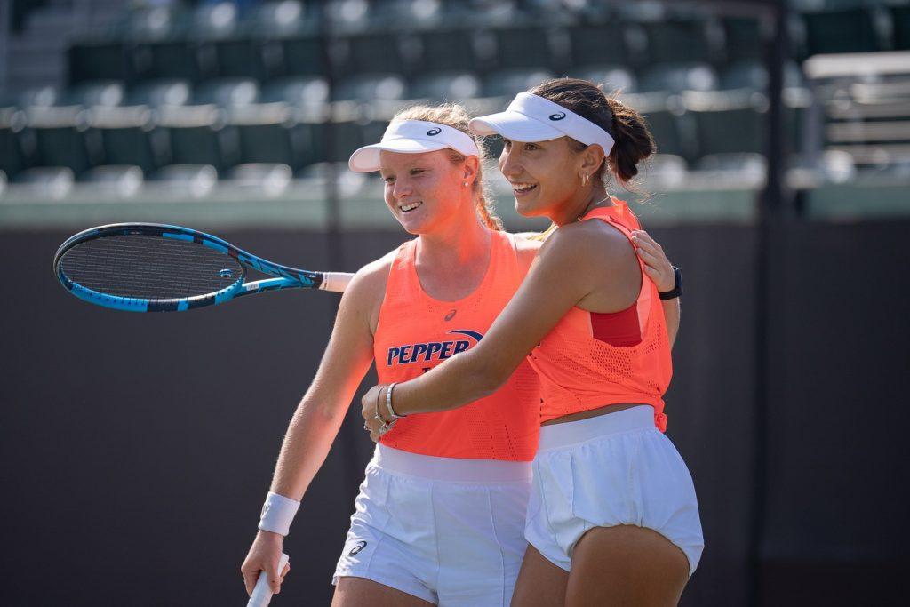 Freshmen Taylor Goetz and Duru Söke celebrate scoring a point in their doubles match Oct. 4 against Wisconsin at the David X. Marks Tennis Stadium in Los Angeles. Goetz and Söke went 2-0 on the weekend as a team Oct. 4 to Oct. 6. Photos courtesy of Pepperdine Athletics