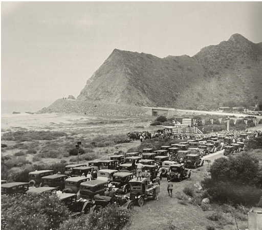 Roosevelt Highway opens for the state of California, tourists and residents to have new access to travel and beautiful scenery June 29, 1929. The Rindge family was greatly affected by the opening and did not welcome the influx of visitors or the press. Photo courtesy of the Los Angeles Times