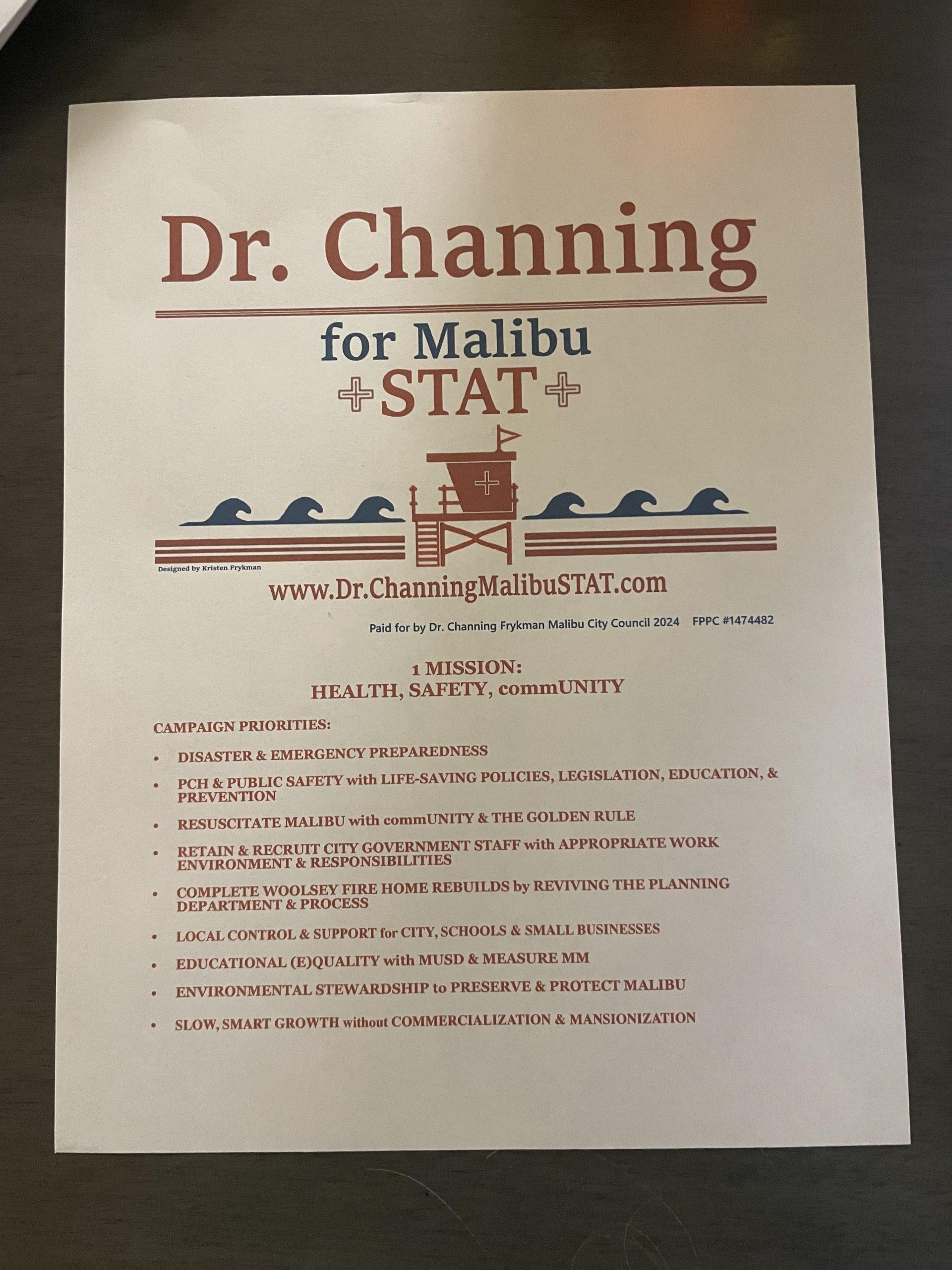 This information sheet provides the campaign priorities of Dr. Channing Frykman. Her one mission, as described by her information sheet, is 'HEALTH, SAFETY, commUNITY.'