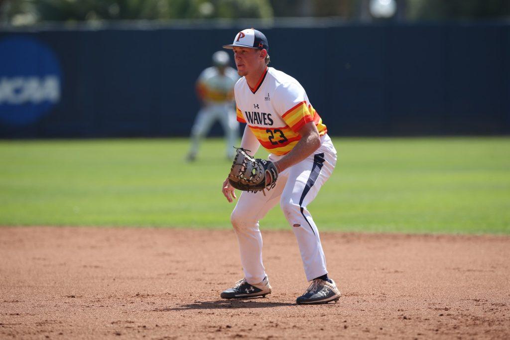 Cook prepares for the pitch at first base during a game for the Waves during Spring '21, at Eddy D. Field Stadium. Cook wasn't the only player to get drafted that season, as teammate infielder Wyatt Young was drafted by the New York Mets with the 442nd overall pick. Photo courtesy of Pepperdine Athletics