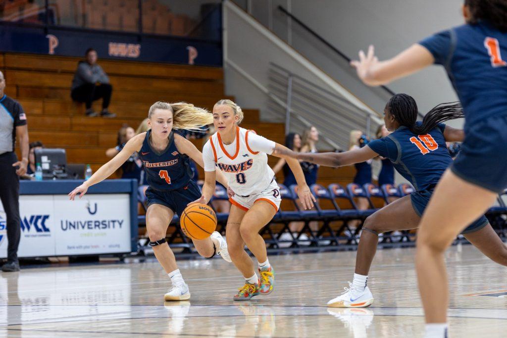 Senior guard Addi Melone dribbles through the Titan's defense Nov. 4 at Firestone Fieldhouse. Malone ended the game with two points, five rebounds, three assists and a steal.