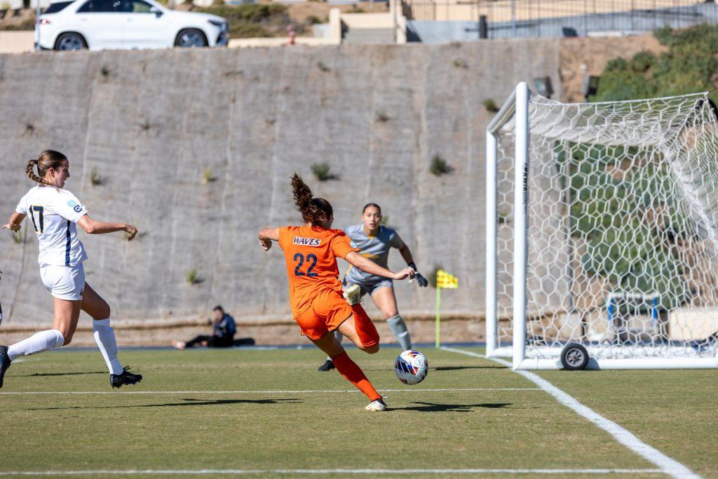 Sophomore forward Julia Quinonez fires a shot on goal against the Bears on Nov. 16 at Tari Frahm Rokus Field. Across two seasons for Pepperdine, Quinonez has scored eight goals to go along with five assists.