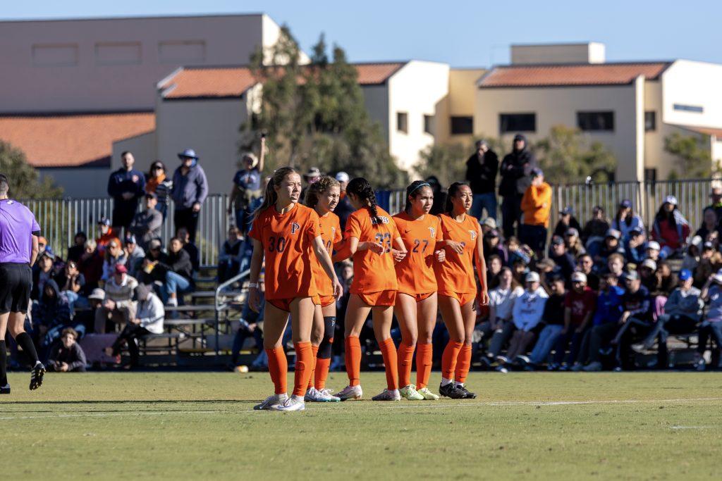 The Waves line up to defend a free-kick attempt against Cal Berkeley on Nov. 16 at Tari Frahm Rokus Field. Fouls were the difference in this match, with both teams committing over 10.