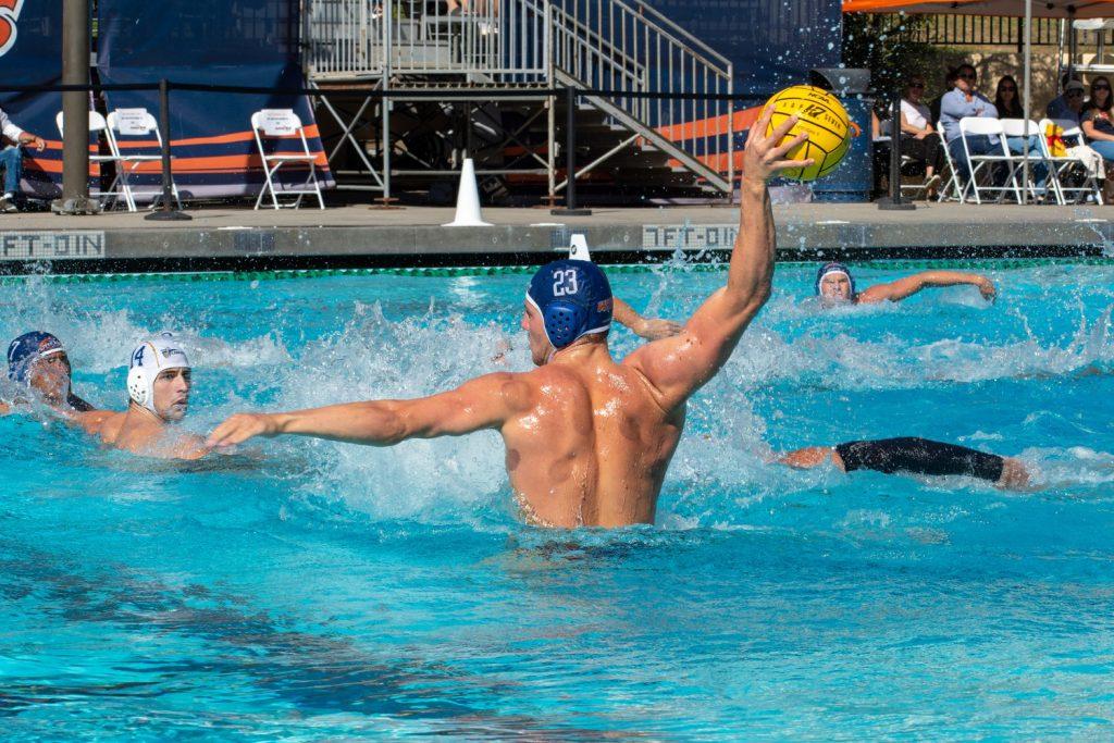 Junior attacker Adam Csapo goes to shoot against California Baptist on Nov. 3, at Raleigh Runnels Memorial Pool. Csapo finished with four goals on the day. Photos by Colton Rubsamen