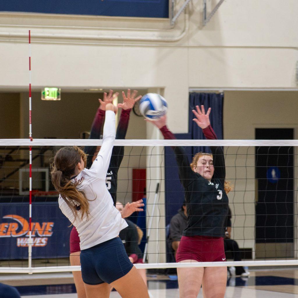 Freshman opposite hitter Chloe Pravednikov attempts a kill on the Santa Clara defense Nov. 14 at Firestone Fieldhouse. Pravednikov ended the match with eight kills on a .500 hitting percentage.