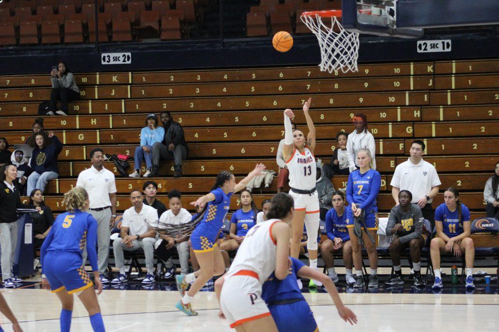 Senior guard Emerita Mashaire goes for a three-point shot against the University of California, Riverside Highlanders on Nov. 18 at Firestone Fieldhouse. The Waves have yet to drop a game at home this year. Photos by Riley Haywood