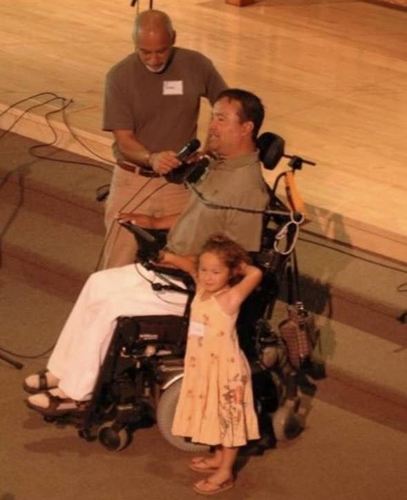 Hernan and Isabella Reyes at age three at The Life Church in Sun Valley, Idaho. Hernan gave motivational speeches about his accident and his faith that got him through this. Photo courtesy of Isabella Reyes