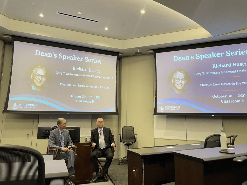 Election Law Expert Richard Hasen sits with Dean Paul Caron at the monthly Pepperdine Caruso Dean Speaker Series Oct. 30. Hasen spoke on litigation issues in both the 2020 and 2024 elections. Photo by Shalom Montgomery