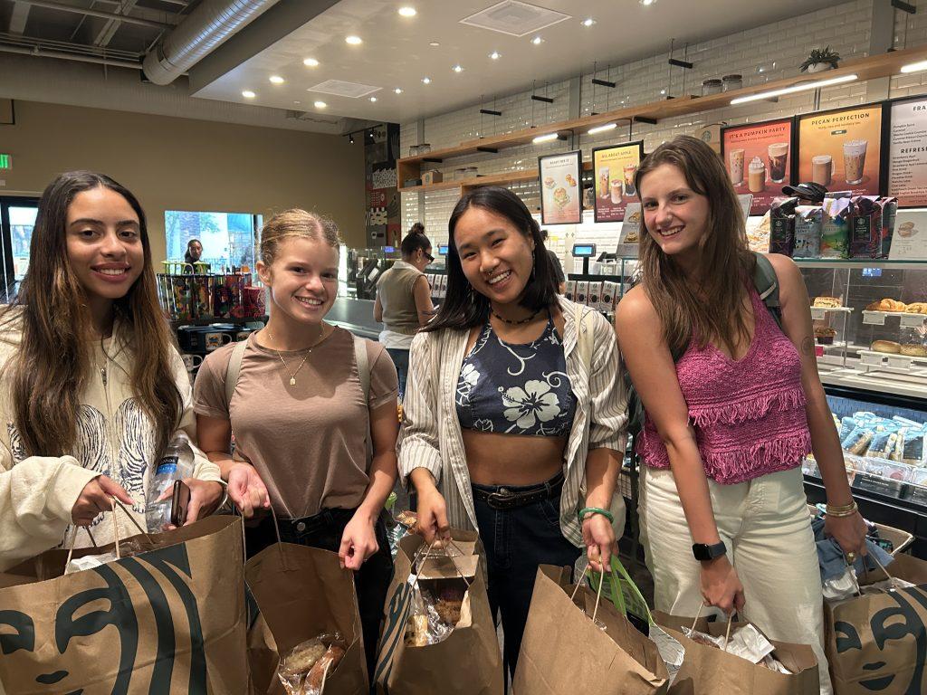 From left to right: Members of the Pepperdine Food Recovery Network — Abby Shannon, Swan Gerlach, Belle Li and Breanna Patterson — pose when collecting unsold food from Starbucks on Oct. 1. Items they collect from Starbucks often include sandwiches, savory pastries and protein boxes. Photos by Laury Li