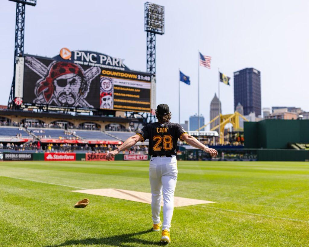 Billy Cook, former Pepperdine Baseball Infielder ('18-'21) and current Pittsburgh Pirates IF/outfielder, steps onto PNC Park for his Major League debut Sept. 8. Cook went 2-4 that evening, picking up a ground-rule double as his first Major League hit, along with two RBI's. Photo courtesy of Billy Cook