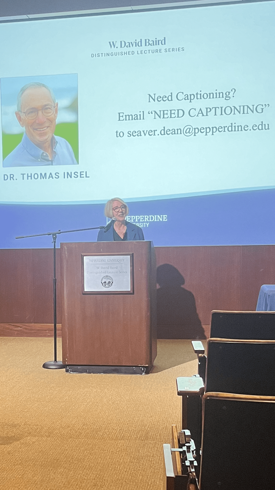 Connie Horton introduces Dr. Thomas Ingel on Oct. 30 in Elkins Auditorium. Horton spoke about who Ingel is, as well as what he has accomplished.