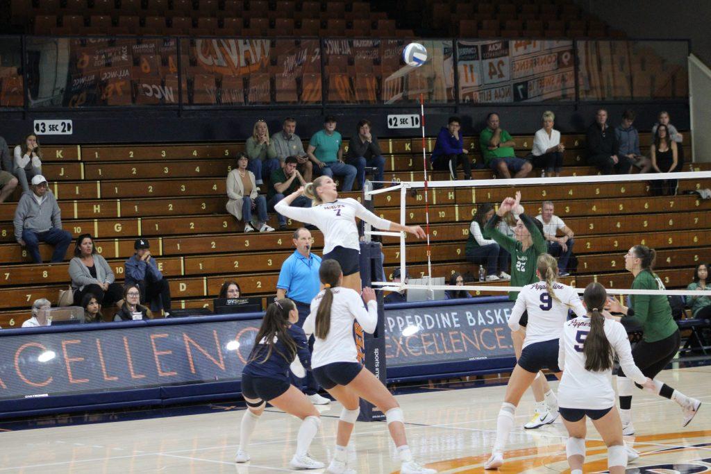 Graduate outside hitter/opposite Birdie Hendrickson prepares a spike against the University of San Francisco on Nov. 16 at Firestone Fieldhouse. Hendrickson finished the game with 12 kills. Photos by Riley Haywood