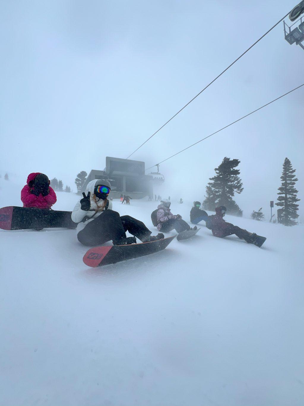 A group of students poses on the piste on Mammoth Mountain on Feb. 24 during their "God in the Wilderness" spring break trip during the 2023 spring semester. Skiing and snowboarding are some of the activities they partake in during this week-long trip. Photo courtesy of Kiana Ramli