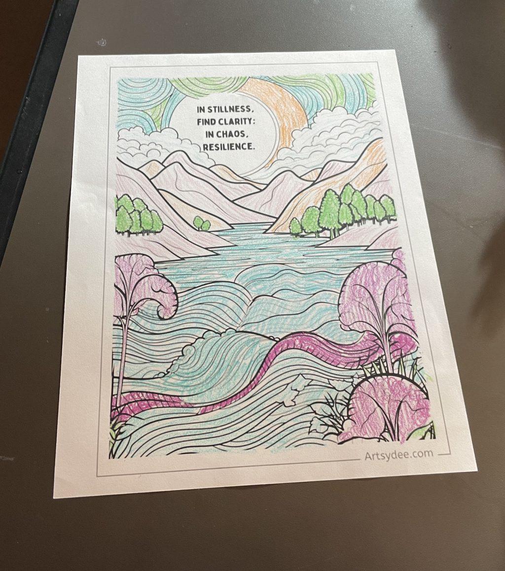 Olivia Mastalerz's coloring sheet during the Nov. 5 Crafternoon session in The Lighthouse. Mastalerz often completes coloring sheets when stopping in at Crafternoon events.