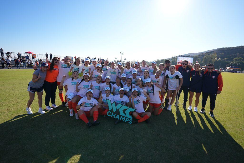 Pepperdine Women's Soccer celebrates the shared WCC title following a win against the University of San Francisco on Nov. 9 at Tari Frahm Rokus Field. Photo courtesy of Pepperdine Athletics