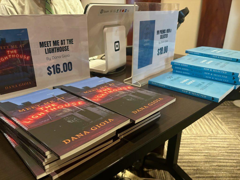 Attendees had the opportunity to purchase some of Dana Gioia’s books after the poetry event held in the Surfboard Room at Payson Library on Nov. 14. One of the books for sale was “Meet Me at the Lighthouse.”