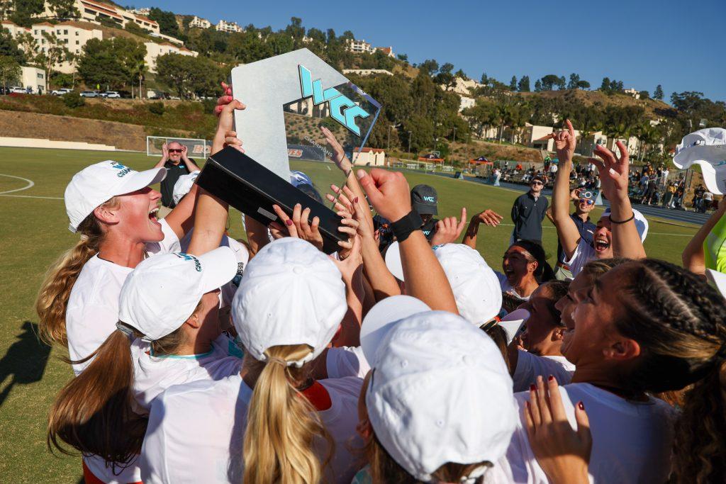 Women's Soccer hoists the WCC Trophy after beating the Dons 3-0 on Nov. 9 at Tarik Frahm Rokus Field. Last season, the Waves fell short in the last game, bouncing back and winning the West Coast Conference title in the last game this season. Photo courtesy of Pepperdine Athletics