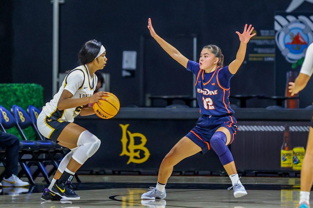 Senior guard Makena Mastora defends against Long Beach State on Dec. 1 in the Walter Pyramid. Pepperdine lost the crucial rebound game 53-36.